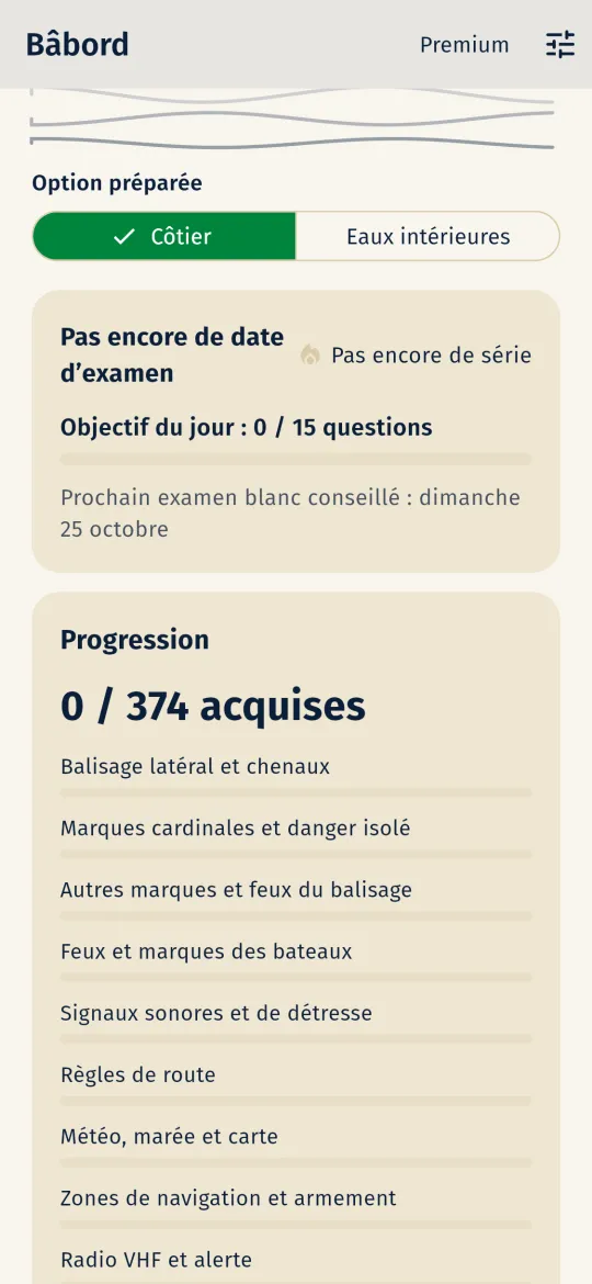 Écran d'accueil de Bâbord : option côtière choisie, objectif du jour de 15 questions, prochain examen blanc conseillé, puis la carte Progression avec une barre par thème, du balisage latéral à la radio VHF