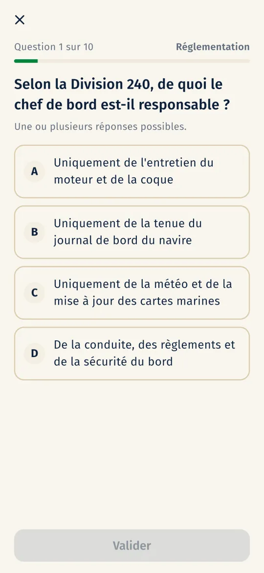 Question du thème Réglementation : de quoi le chef de bord est-il responsable, avec quatre propositions et une ou plusieurs réponses possibles
